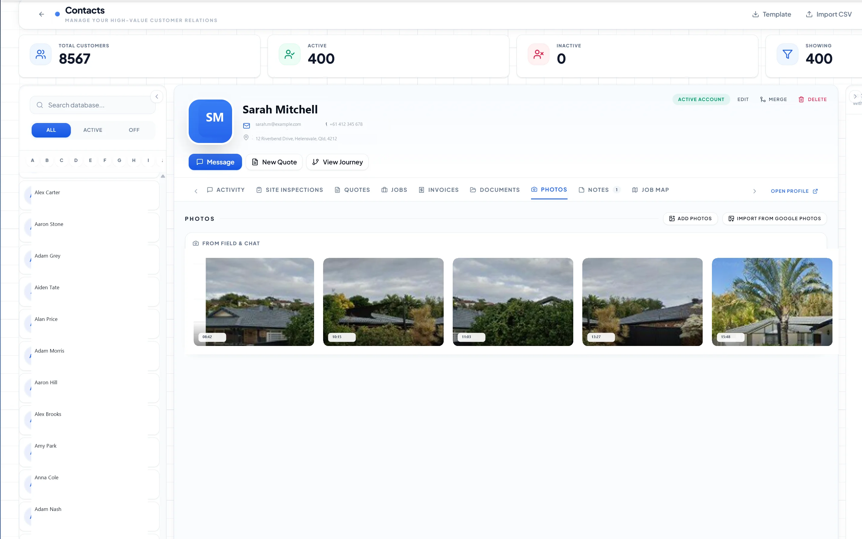 Looplet CRM contact record — a customer profile with contact details, a row of on-site field photos, and tabs for activity, quotes, jobs, invoices and the customer journey
