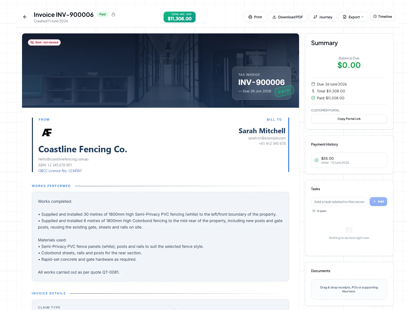 Looplet tax invoice INV-900006 marked paid — branded invoice with itemised works performed, GST-inclusive total and a live payment summary panel
