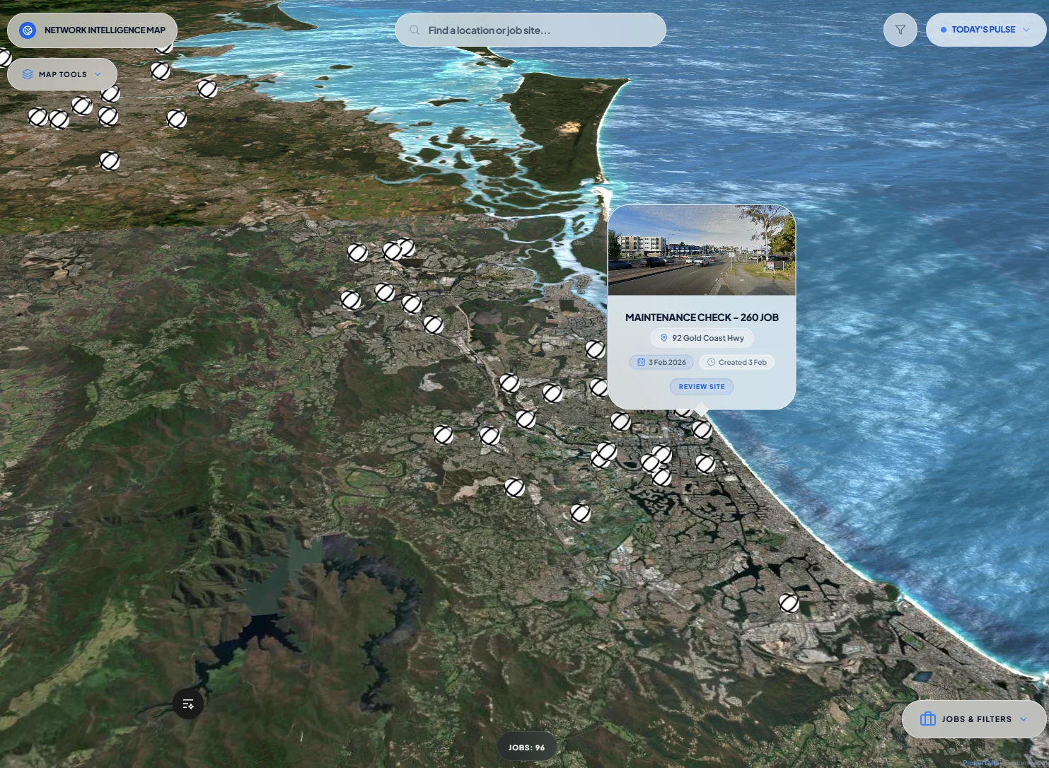 Looplet network intelligence map — 96 active job sites plotted across the Gold Coast, with a maintenance job card open at 92 Gold Coast Hwy