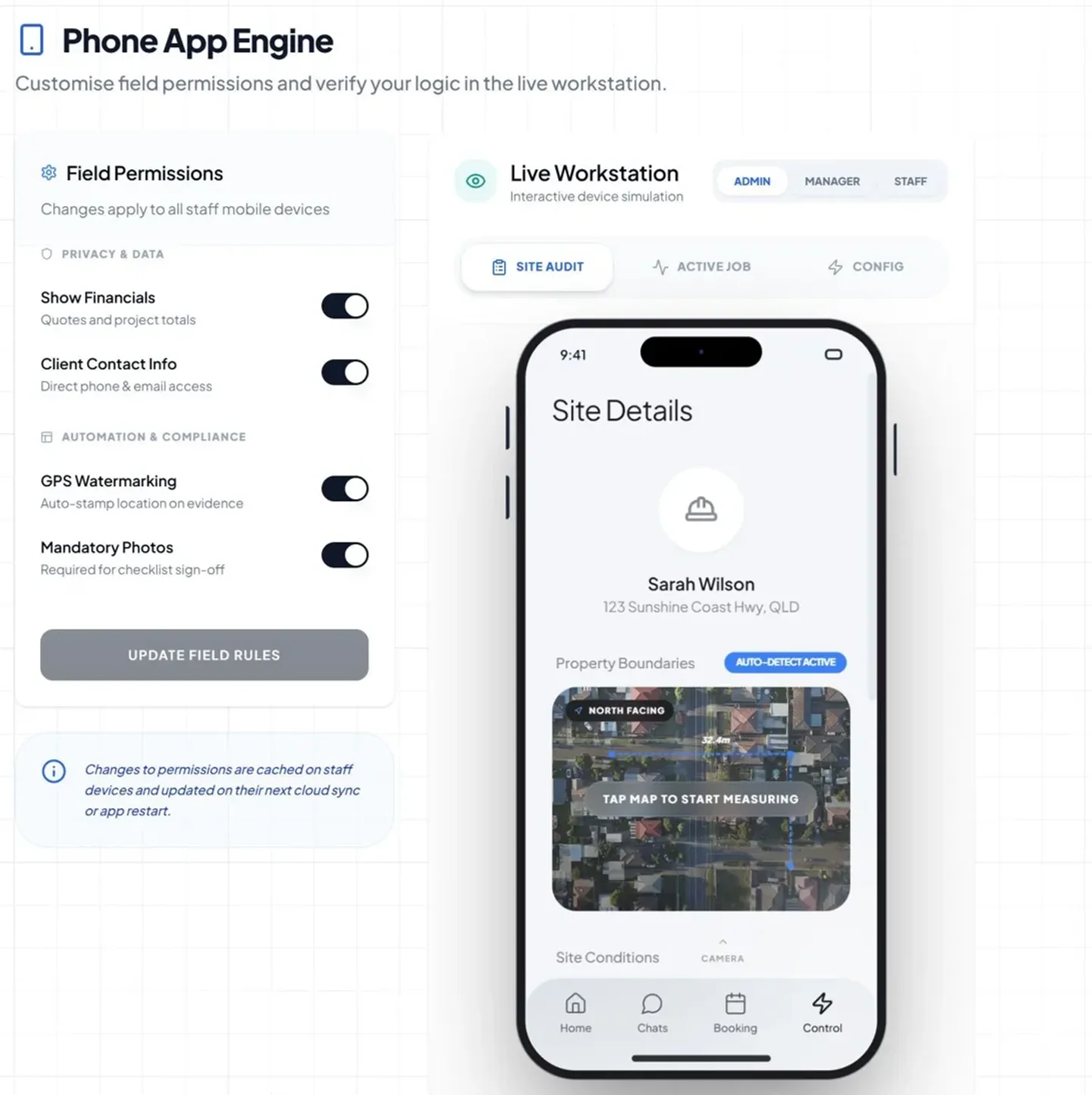 Looplet Phone App Engine — admin field-permission controls on the left, live phone simulation showing site audit form on the right, with property auto-detect