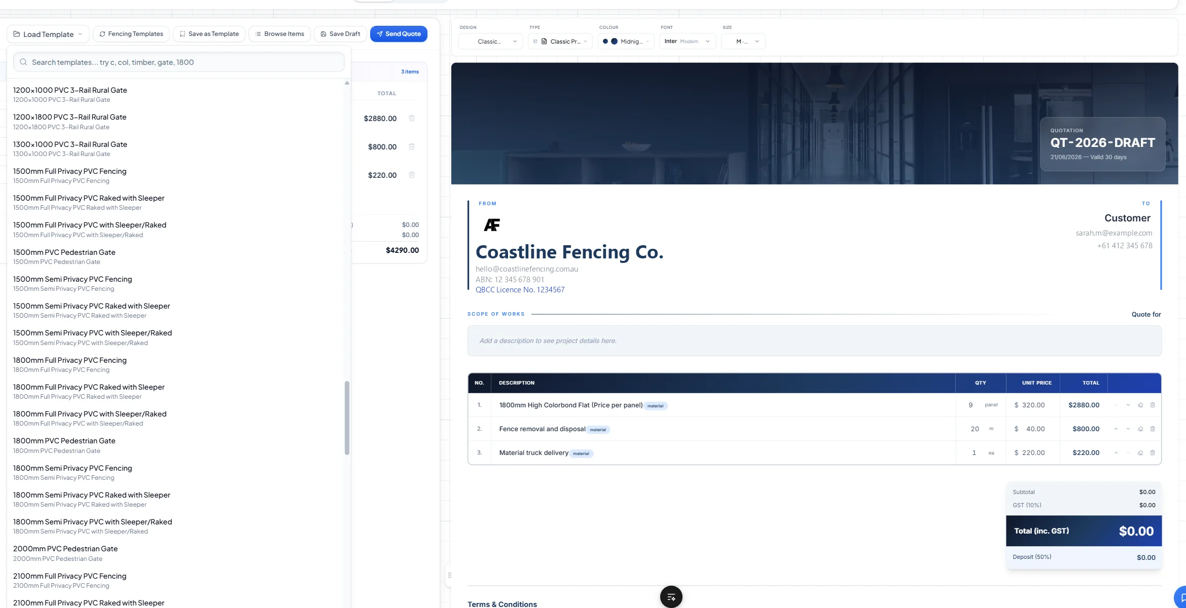 Looplet quote builder — a fencing template library on the left and a live branded quote (QT-2026) on the right with itemised line items, GST totals and a deposit summary